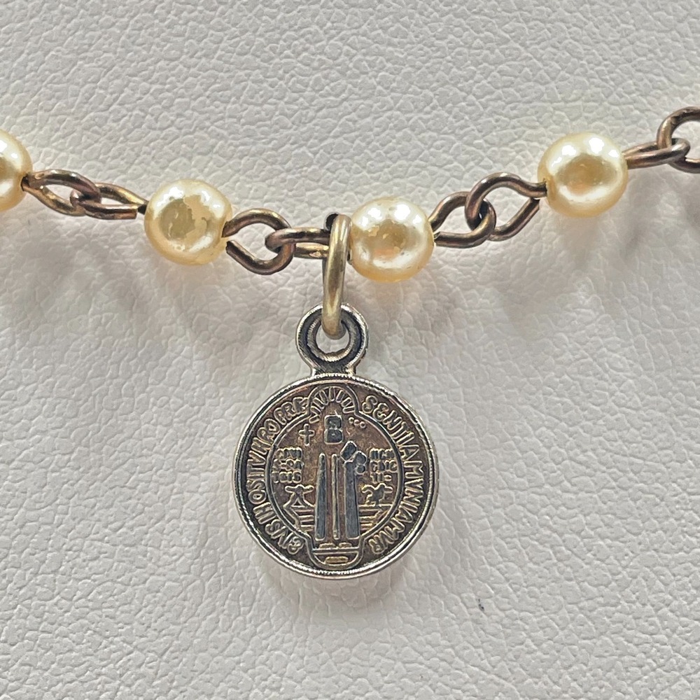 Vintage St Benedict Medal Faux Pearl Rosary Chain Choker Necklace Gold Tone